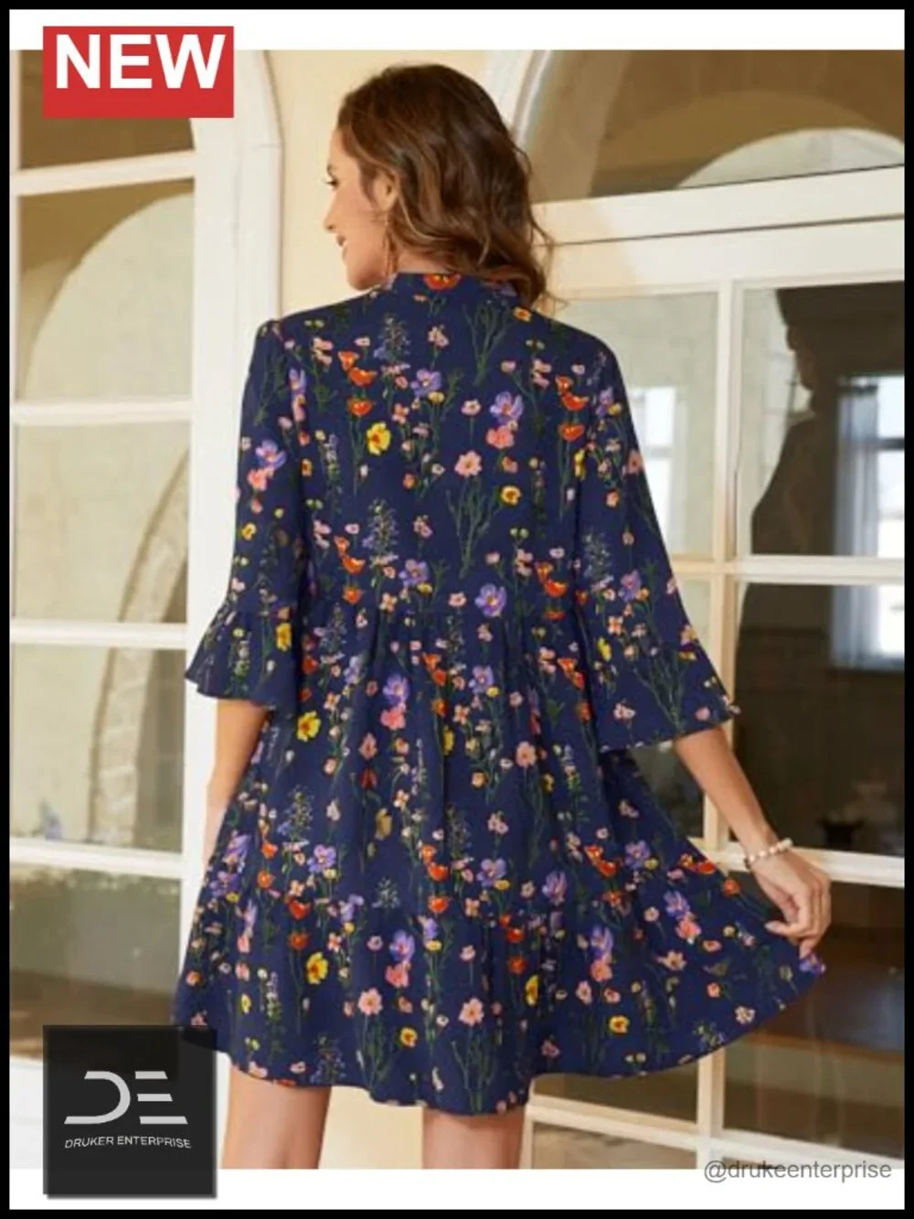 Casual Summer Dress with Pockets 3/4 Ruffle Sleeve V-Neck Flowy A-Line Mini